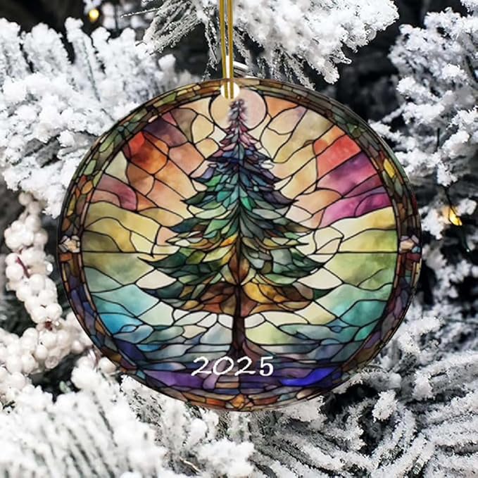 Christmas Ornaments, Stained Glass Style, Round Fun Acrylic Decoration Gifts (Christmas Tree)