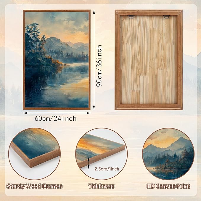 KAlRNE Landscape Wall Art Set of 3(24”X36”),Abstract Nature Wall Decor,Blue Forests Lake Canvas Paintings,Framed Watercolor Sunset Mountains Prints For Living Room Bedroom Office Decoration