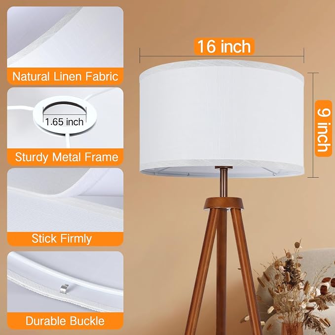 OUTON White Lamp shades Set of 2, Large Drum Lamp Shades for Floor Lamps, 16" Top x 16" Bottom x 9" High, Easy to Assemble, Replacement Linen Lampshades for Table Lamps & Bedside Lamps (1.65" Spider)