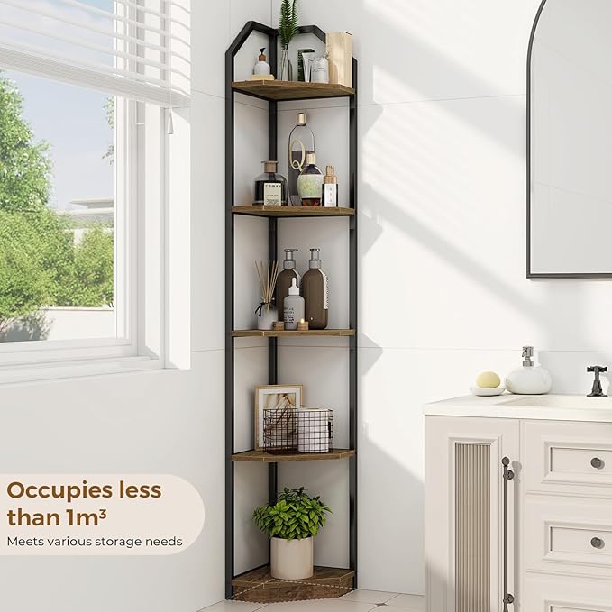 5 Tier Corner Wall Shelf Stand, 70" Metal Corner Shelves Bookshelf Display Shelf for Living Room Decor, Tall Plant Stand Multi Unit Organizer, Standing Shelf for Bedroom,Bathroom,Small Space (Brown)