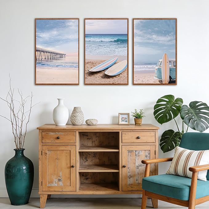KAlRNE Coastal Seascape Wall Art Set of 3(24”X36”),Modern Ocean Beach Wall Decor,Seaside Holiday Surfboard Framed Canvas Paintings,Vintage Bridge Blue Bus Art Prints For Living Room Bedroom Office