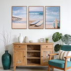 KAlRNE Coastal Seascape Wall Art Set of 3(24”X36”),Modern Ocean Beach Wall Decor,Seaside Holiday Surfboard Framed Canvas Paintings,Vintage Bridge Blue Bus Art Prints For Living Room Bedroom Office