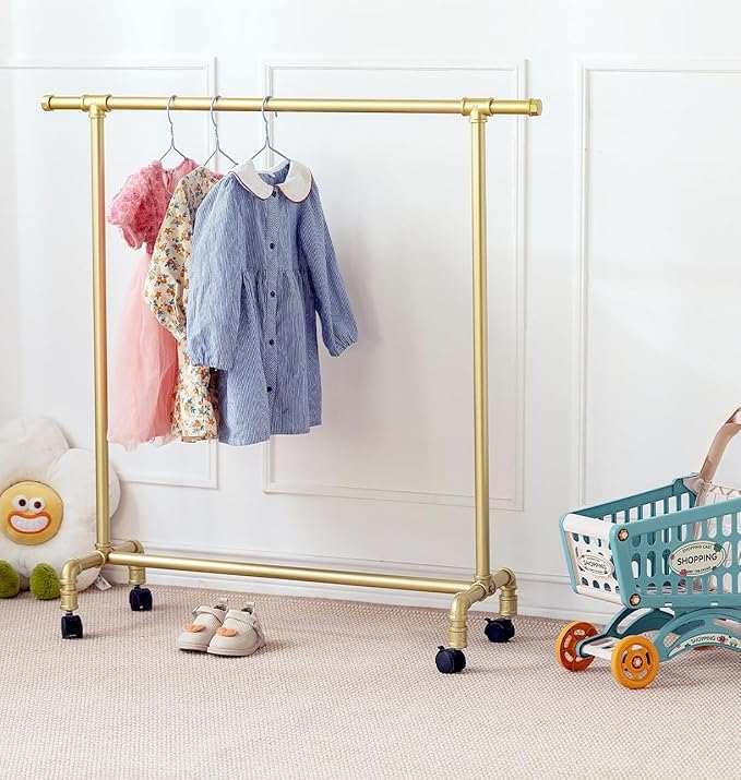Kids Clothing Racks,Child Dress up Racks with Hooks, Metal Pipes Costumes Garment Hanging Racks,Small Rolling Clothes Racks,Freestanding and Portable Heavy Duty Kids Closet,Gold