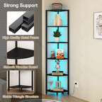 6-Tier Corner Shelf with LED Lights - 65" Tall Narrow Bookshelf, Standing Shelf with Storage Rack, Sturdy Metal Frame & Waterproof Shelves, Rustic Brown, for Living Room/Bedroom/Bathroom