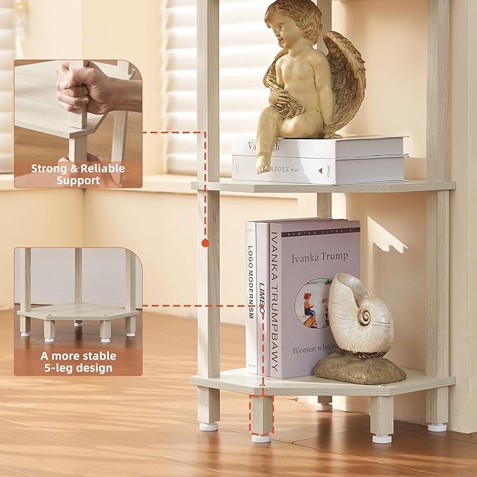 YUFAM 5-Tier Corner Shelf with Sturdy 5-Leg Base, Wooden Corner Bookshelf for Small Spaces, Corner Standing Shelf for Living Room, Bedroom, Office, Grey White