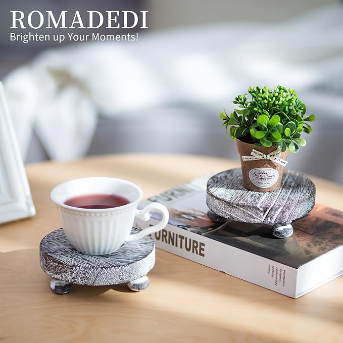 Romadedi Farmhouse Wood Riser for Display- 4 pcs Rustic Decor Mini Wooden Pedestal Stand Decorative Round Tray for Home Table Bathroom Counter Shelf Kitchen, Whitewash