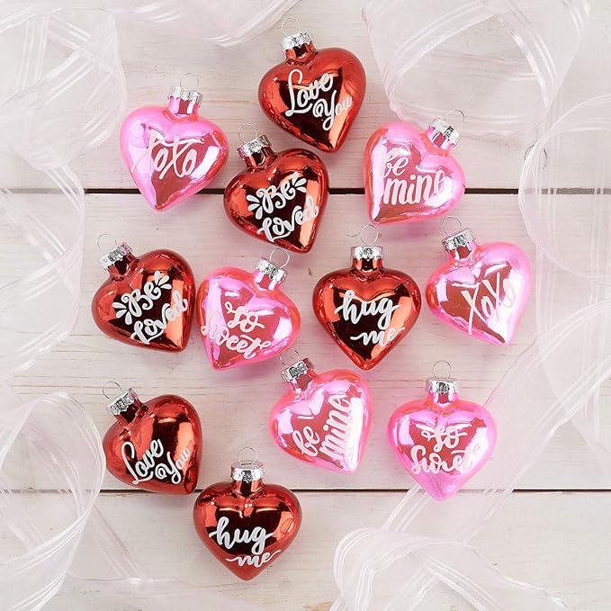 Lillian Vernon Glitter Words Blown Glass Valentine’s Day Ornaments - Handcrafted Hanging Tree Decorations, Heart Glitter Words Holiday & Party Decor, 2.5 in, Pink & Red, 12-Piece Set
