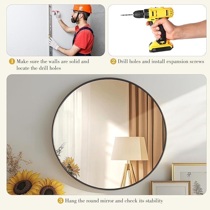DUMOS Black Circle Mirror for Wall 20.02 inch, Bathroom Round Wall Mirror for Over Sink, Bathroom, Entryway, Bedroom, Vanity, Shatterproof& Crystal-Clear