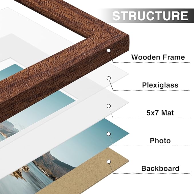 Vittanly 8x10 Picture Frames Set of 9, Shatter Resistant Plexiglass, Display 5x7 Pictures with Mat or 8x10 without Mat, Photo Frames for Wall or Tabletop, Engineered Wood, Wood Grain Brown