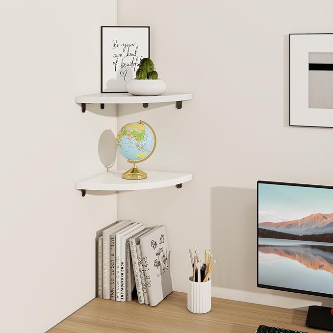 Fun Memories Corner Shelf Wall Mount, Solid Oak Wood Floating Corner Shelves with Cable Hole, 8.5in Rustic Design for Bedroom, Bathroom, Kitchen, Living Room (White, 1 Pack)