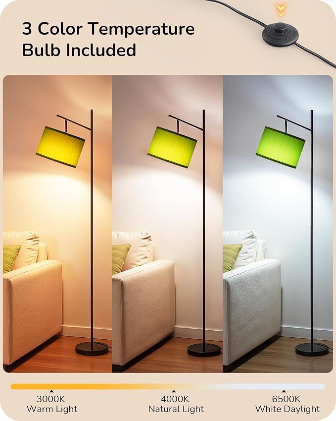 EDISHINE Modern Floor Lamps for Living Room, 64.7" Minimalist Standing Lamp with 3 Color Temperatures Bulb & Adjustable Linen Shade, Foot Pedal Switch, Arc Tall Lamp for Office Bedroom, Green Shade