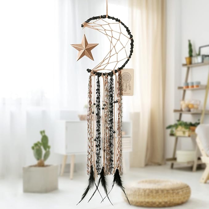 Dremisland Moon Dream Catcher Handmade Half Circle Moon Design Dream Catcher Feather Hanging with Star Home Decoration Ornament Festival Gift (Brown)
