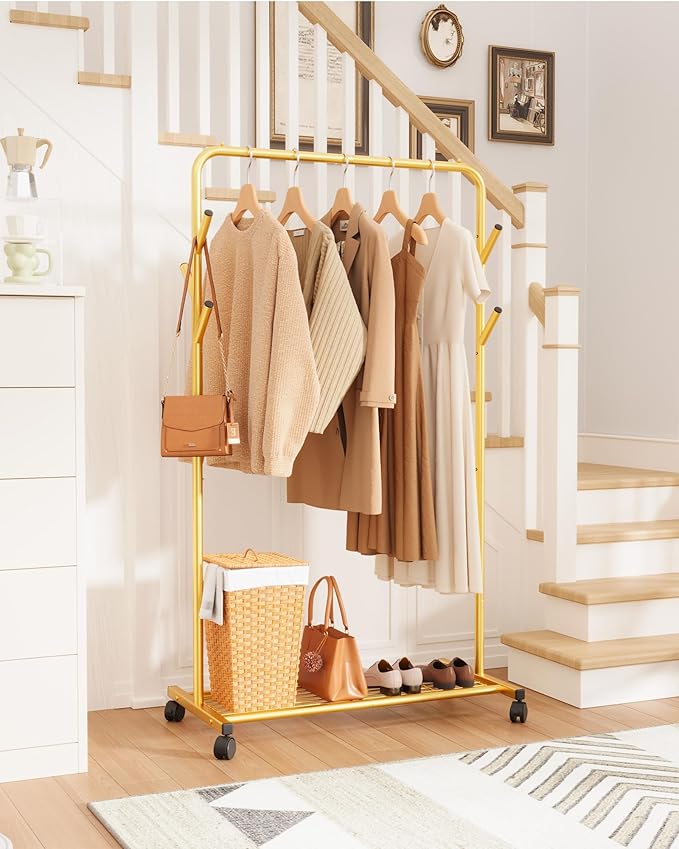 Clothes Rack - Metal Coat Rack with Bottom Shelf, Portable Wardrobe Rack with 6 Side Rods, Rolling Clothing Rack for Hanging Clothes for Bedroom or Laundry Room (Gold, 28.7 x 17 x 59.4)