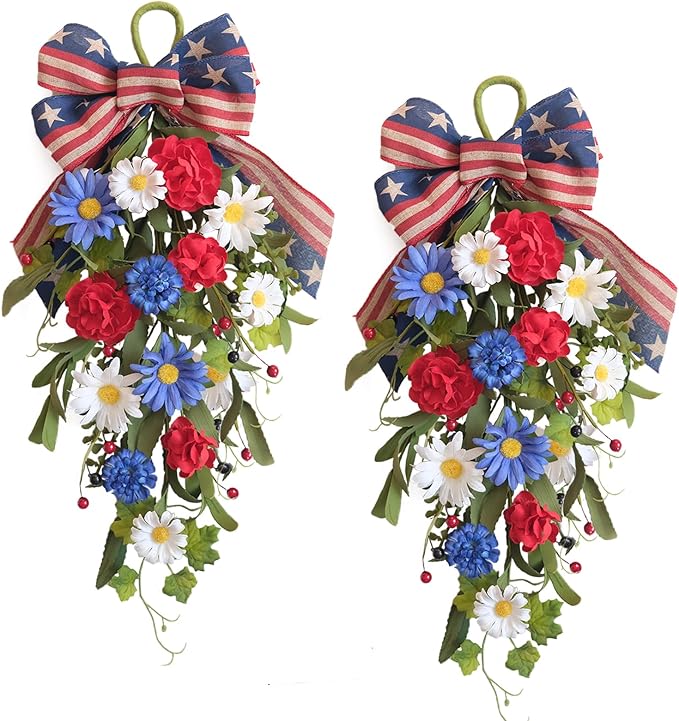 belot Patriotic Red White Blue Swag for Front Door, 20 Inch Patriotic American Memorial Day Floral Teardrop Swags, 4th of July Swag for Indoor Outdoor Farmhouse Decor