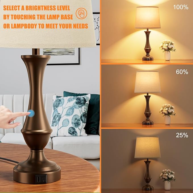 Seealle Touch Lamps for Nightstand, 3 Way Dimmable Table Lamp with USB C+A | bedside brown metal base for bedroom living room touch control LED bulb reading corded