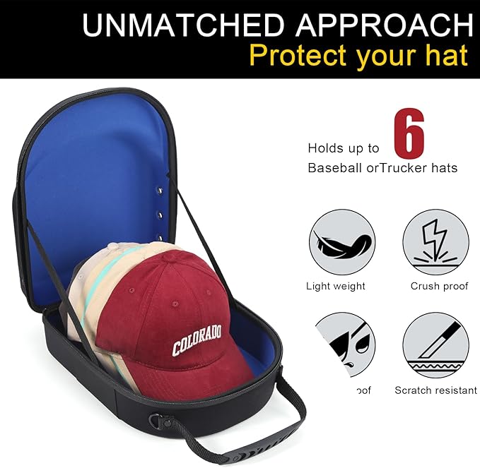 Hard baseball hat case, Hat Carrier Travel Case with Adjustable Shoulder Strap, Hat cap case for 6 Baseball Caps - Perfect for Traveling & At-Home Storage (Black with Blue)