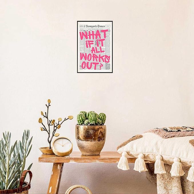 Drimiler Retro Newspaper Pink Font Poster What If It All Works Out Canvas Wall Art Positive Affirming Quote Minimalist Prints Painting For Home Bedroom Dorm Wall Decor 16x24in Framed