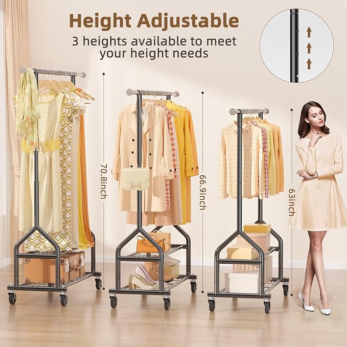 EAGMAK Heavy Duty Clothes Rack Load 556 LBS, Rolling Clothing Rack With Shelves, Height Adjustable Metal Clothes Hanger with Wheels Portable Wardrobe Organizer Garment Rod for Hanging Clothes (Black)