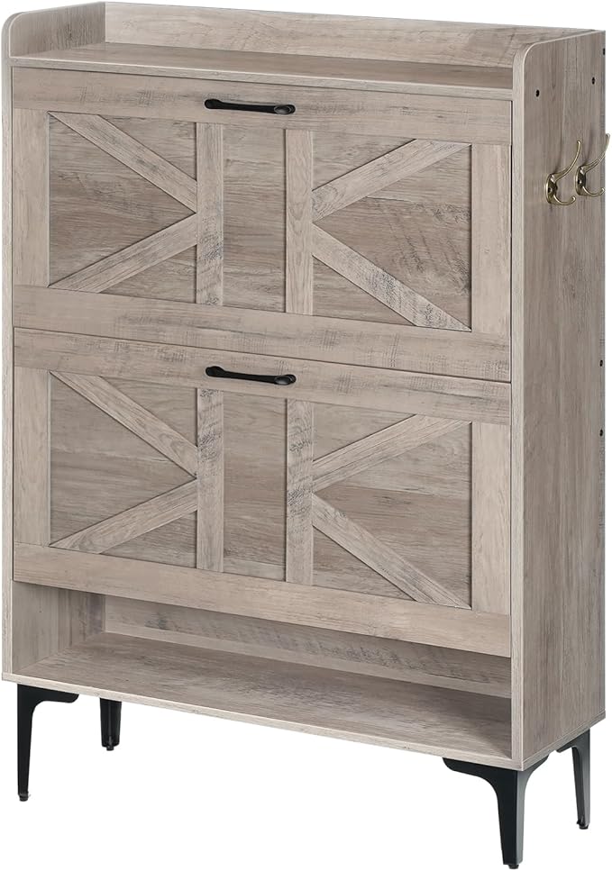 Shoe Storage Cabinet, Shoe Organizer with 2 Flip Drawers, Hidden Shoe Storage for Entryway, Freestanding Shoe Cabinet Organizer with Open Storages, Greige SHHG9401