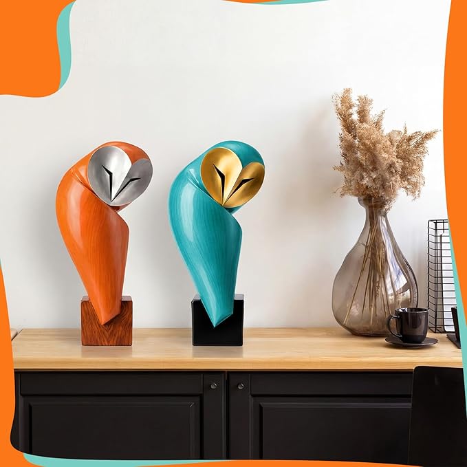Thyle 2 Pcs Mid Century Modern Owl Statue for Home Decor Accents Resin Owl Sculpture Handmade Vintage Modern Birds Statue for Bookshelves Desk Living Room Display Collectible Gift (Retro,11.8 Inch)