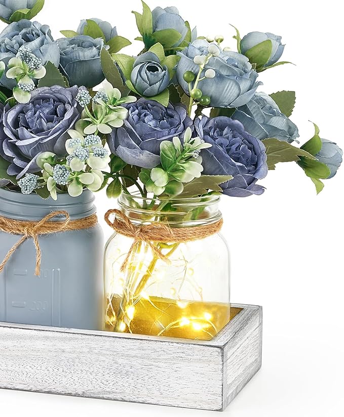 Mkono Mason Jar Lights Centerpiece Table Decor for Dining Room Farmhouse Wood Tray with 3 Jars Flowers Center Pieces Spring Decor for Coffee Table Kitchen Living Room, Grey Blue