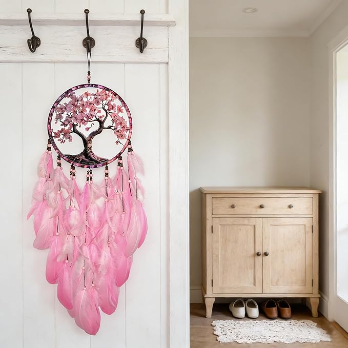 Dream Catcher Wall Hanging Decor for Bedroom Aesthetic, Handmade Traditional Wall Art with Feathers for Living Room, Nursery, Good Vibes Gift for Women,Girls,Home Decoration Wedding Party (Pink Tree)