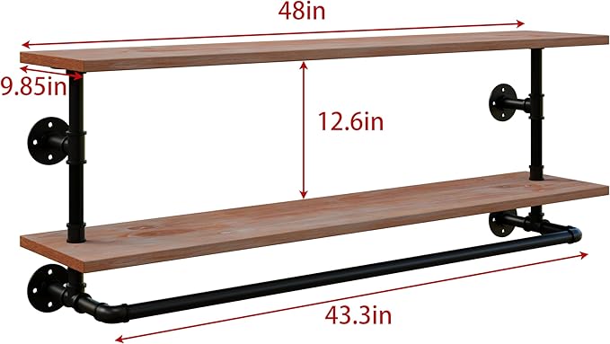 Clothes Rack 36/42/48in, Wall Mounted Garment Rack with Real Wood Shelf, Heavy Duty Hanging Clothes Rack, Multi-Purpose Hanging Rod, Space-Saving Closet Storage (1T36IN) (2T48IN)
