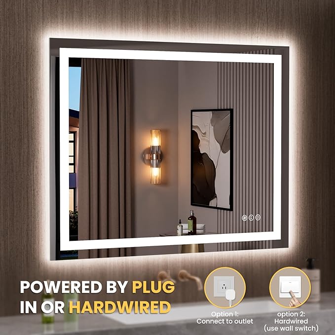 LOAAO 39.4"x31.5" LED Mirror for Bathroom, Lighted Bathroom Mirror with Lights, Anti-Fog, Dimmable, Memory Function, Clear Reflection