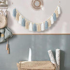 DCJHFJ Boho Blue Tassel Garland Wall Hanging with Wood Beads for Baby Shower Kids Room Bedroom Nursey Back to School Decorations
