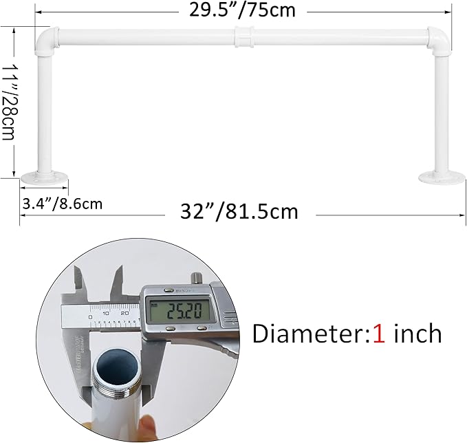 WEBI Clothing Rack Wall Mount,32" Industrial Pipe Clothes Rack,Heavy Duty Iron Garment Bar,Retail Display Clothes Rod for Closet,Laundry Room,White