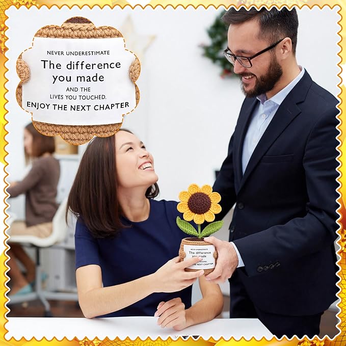 Wavwavw Coworker Leaving Gifts for Women Men, Positive Flower Doll Crochet with Card Funny Farewell Going Away Goodbye Gifts for Coworkers Employee Teacher Friends Retirement(Stylish Style)