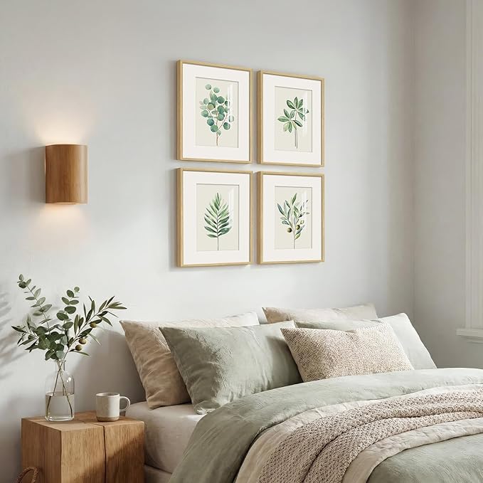 Framed Sage Green Botanical Wall Art for Bedroom, Modern Farmhouse Boho Plant Artwork for Walls, Minimalist Green White Leaf Pictures for Living Room Kitchen Dining Room Office Wall Decor, 12x16 Inch