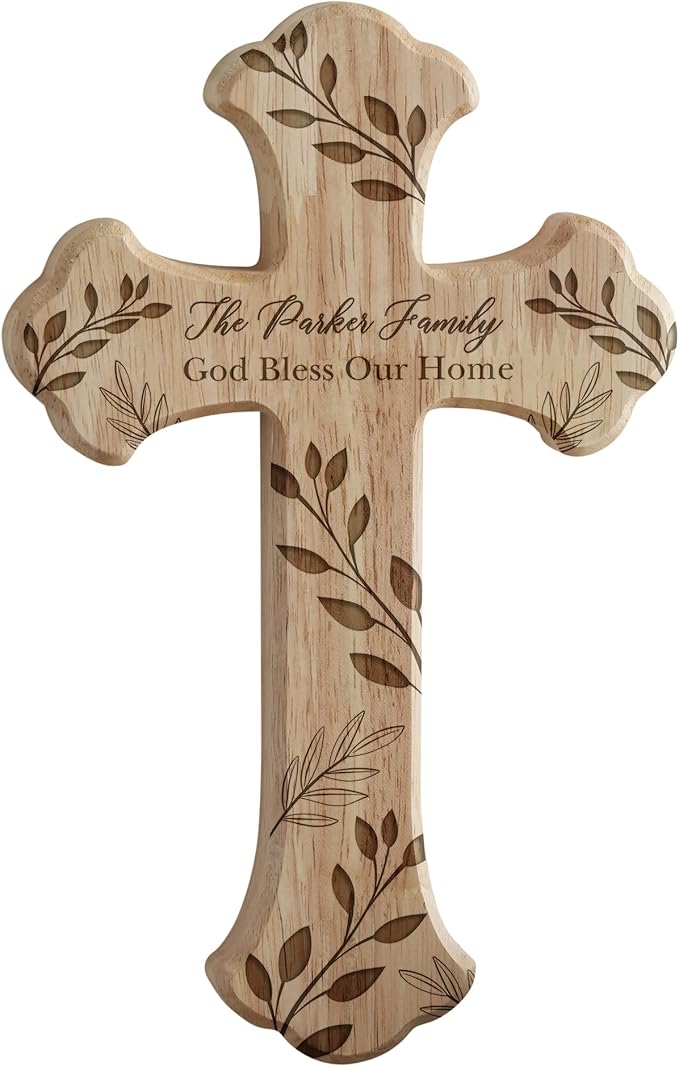 Personalization Universe Family Vine Engraved Oak Wood Cross - Customizable Wall Decor for Home, Wedding, Personalized Wall Art with Family Name - 9.5" x 6