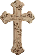 Personalization Universe Family Vine Engraved Oak Wood Cross - Customizable Wall Decor for Home, Wedding, Personalized Wall Art with Family Name - 9.5" x 6