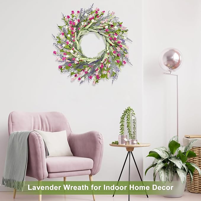 Artgar 26 Inch Spring Wreaths for Front Door, Spring Summer Lavender Paper Flower Wreaths for Home Farmhouse Windows Walls Porch Wedding Indoor Outdoor Decor for All Seasons (Pink)