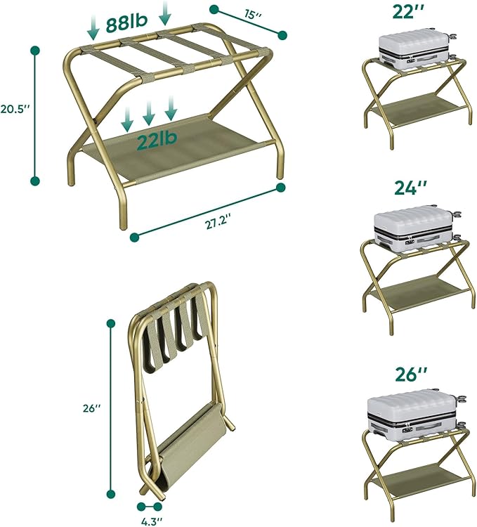 Smuxee Gold Luggage Rack, Foldable Suitcase Stand with Fabric Storage Shelf, Luggage Holder with 4 Nylon Straps for Guest Room Bedroom Hotel