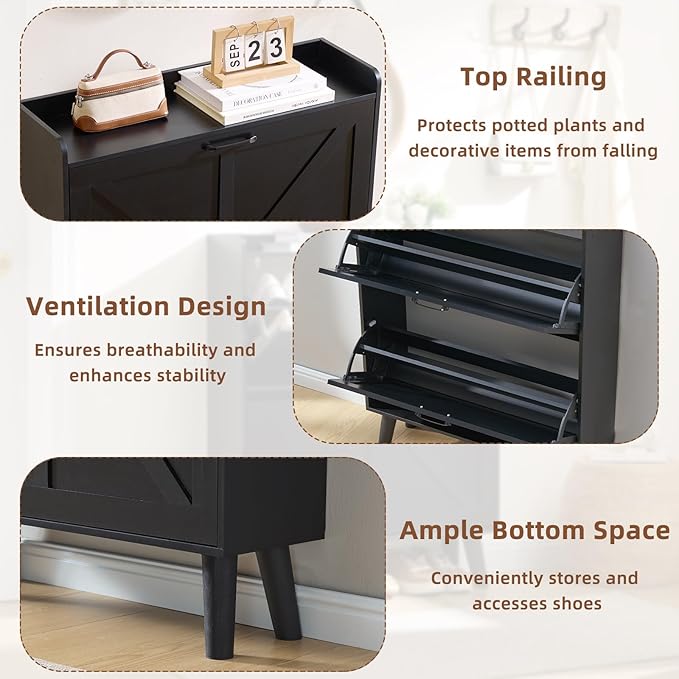 LEYAOYAO Shoe Storage Cabinet with 2 Flip Drawers，Narrow Shoe Storage Cabinet Organizer with Legs for Entryway Hallway, Living Room, Bedroom，Hidden Slim Storage Narrow Shoe Rack Cabinet,Black