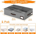 OIAHOMY 2 Pack Under Bed Storage, 6 Inch High Under Bed Storage Containers with Adjustable Dividers, Dual Zippers, &Clear Lid, 38L Under Bed Drawers For Clothes, Blankets, Clothing, & Shoes, Grey