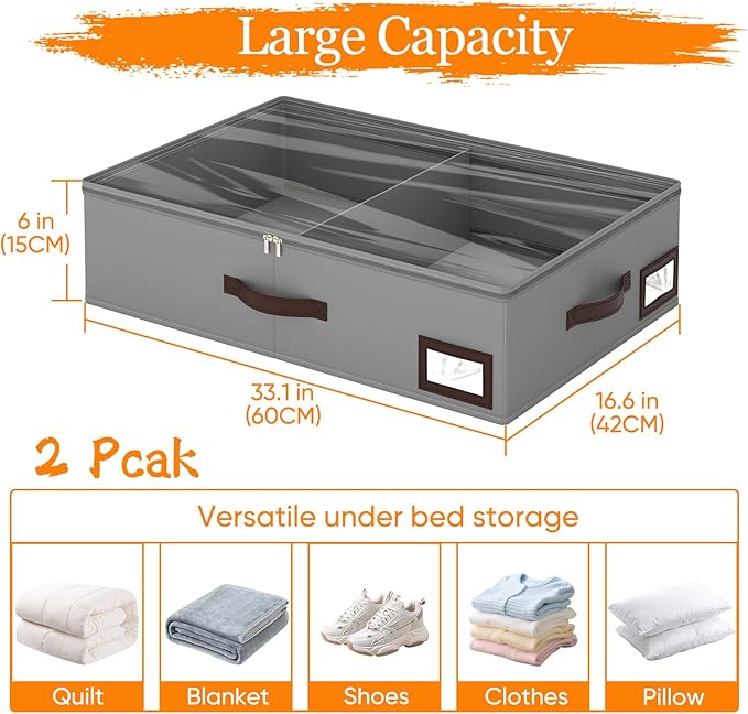 OIAHOMY 2 Pack Under Bed Storage, 6 Inch High Under Bed Storage Containers with Adjustable Dividers, Dual Zippers, &Clear Lid, 38L Under Bed Drawers For Clothes, Blankets, Clothing, & Shoes, Grey
