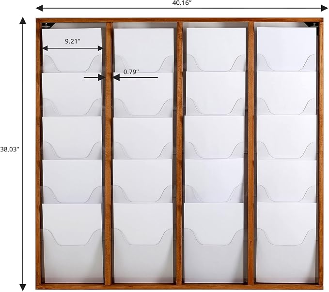 M&T Displays Wal Mount Dark Wood Magazine Brochure Rack Wooden Leaflet Literature Catalog Holder Easy Assembly Durable Clear PET G Pocket 20x(8.5x11) Inch for School Office Hospital Hotel Indoor