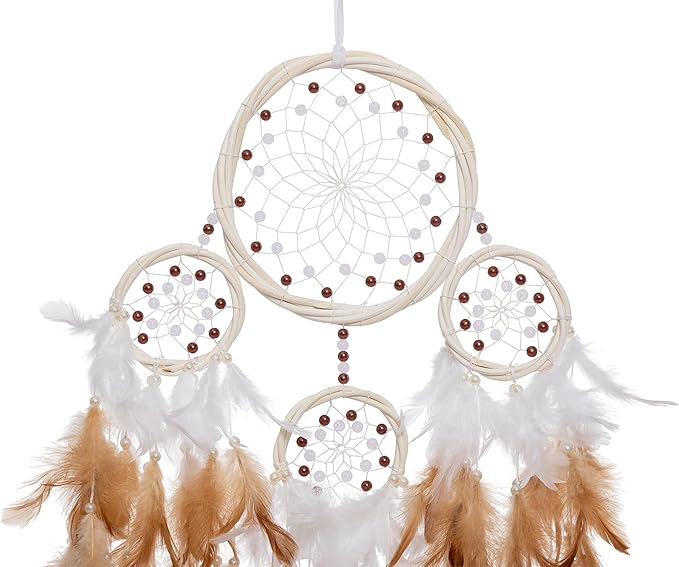 Large Rattan Dream Catchers - Brown Rooster Feather with Luxury Pearl, Multiring, Handmade Dreamcatcher for Bedroom, Dream Catcher for Girls, Dream Catchers for Boys, Dream Catcher Wall Decor