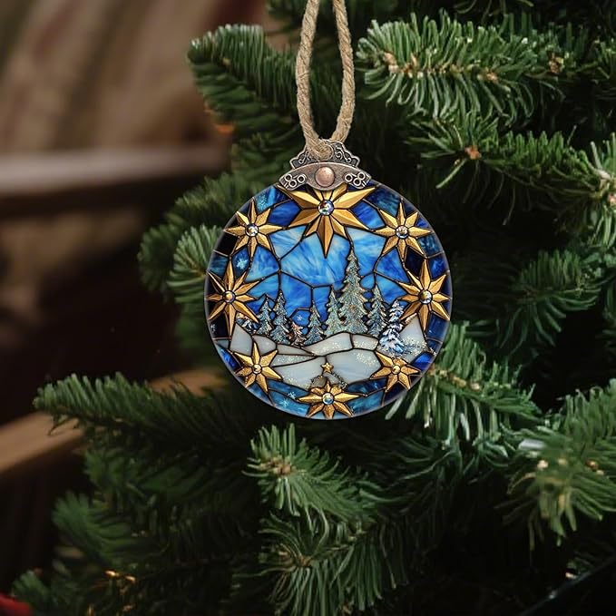 DASTOLL Stained Glass Christmas Decorations, Golden Stars White Snow Scene Suncatcher for Window Christmas Tree Hanging Ornaments Blue Sun Catcher Xmas Decor Gifts for Women Men Mom Nana Friend