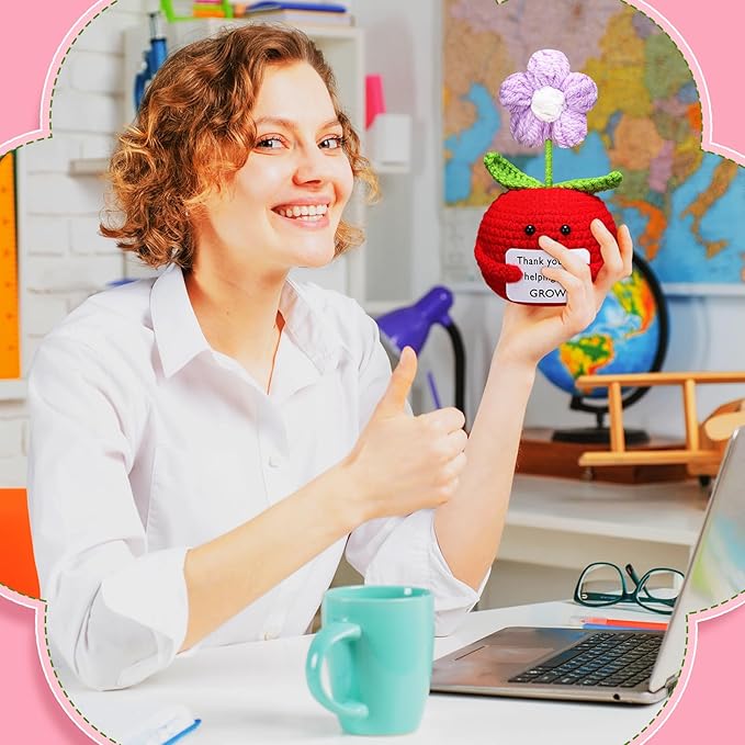 Wavwavw 3 Pack Teacher Appreciation Gift Positive Flower Handmade Crochet Doll Thank You for Helping Me Grow Gifts Back to School Gifts for Women Teacher(Apple Puff Flower)