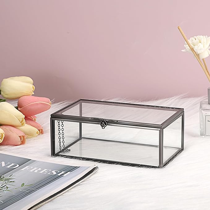 Hipiwe Vintage Glass Keepsake Box - Rectangle Jewelry Display Organizer with Lidded Box for Home Decor and Storage of Trinket Rings, Bracelet - Black, Small