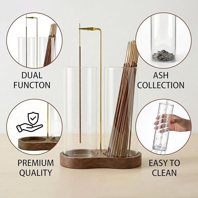 Incense Holder,Wooden Incense Holder for Sticks with 20 Incense Sticks, Anti-ash Incense Burner with Glass Ash Catcher, Wood Incense Holder 20 Stick (2 Glass Ellipse Base)