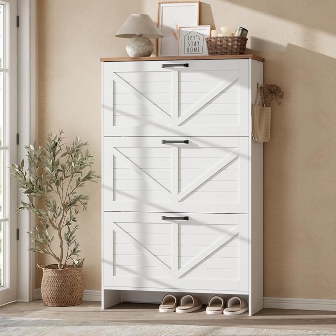Nicetree Barn Door Shoe Cabinet for Entryway - Modern Farmhouse Shoe Storage Cabinet with 3 Flip Drawers - Slim Hidden Shoe Organizer for 24-32 Pairs - Fits Size 12 Work Boots White