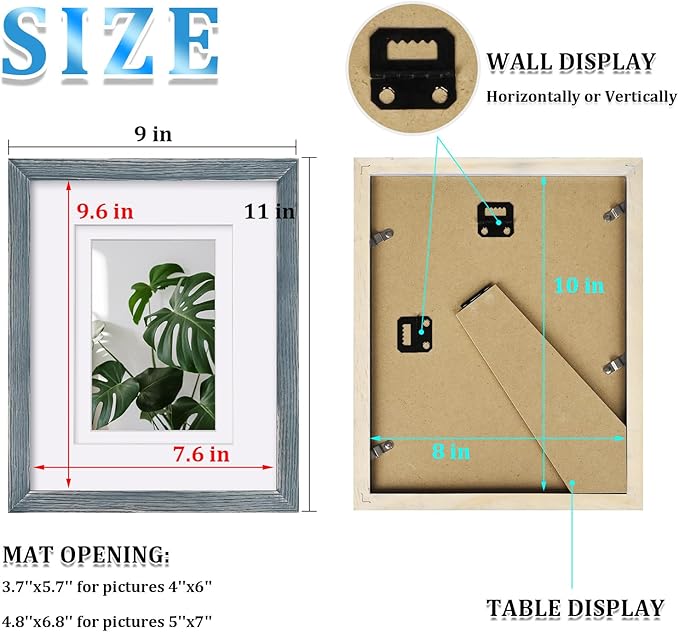 Egofine 8x10 Picture Frames Set of 4, Made of Solid Wood Covered by Plexiglass 4x6 and 5x7 with Mat or 8x10 without Mat, for Table Top Display and Wall Mounting Photo Frame Rustic Blue