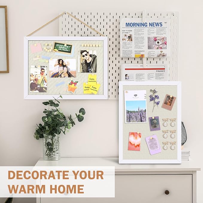 Teling 9 Pack Wood Bulletin Boards with Linen 12''x 16'' Cork Board for Walls with 90 Pushpin Decorative Wood Framed Display for School Office Home Decor (White)