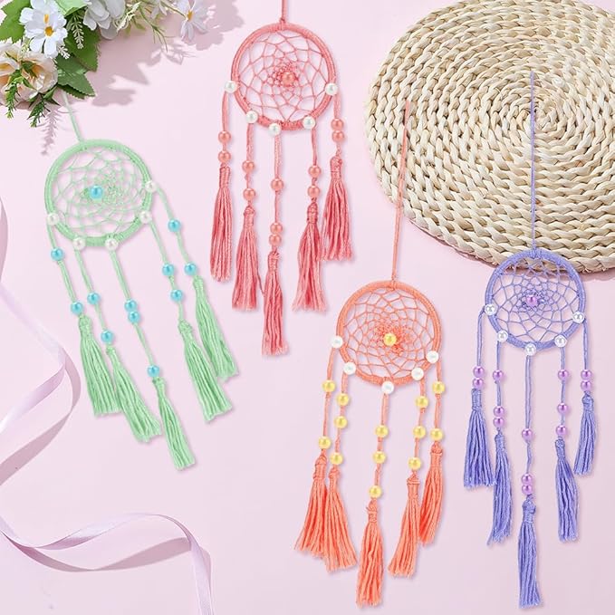 INFUNLY 24 Set DIY Small Dream Catcher Kit Candy Colors Round Mini Dream Catcher Kit Handmade Dreamcatcher Kit with Instructions Boho Hanging Ornament Making Kit for Bedroom Car Mirror Keychain Bag