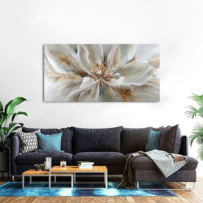 Flower Wall Art Vintage White Floral Canvas Pictures Abstract Blooming Flower Prints Painting Large Abstract Botanical Blossom Wall Decor Elegant Artwork Bedroom Living Room Decoration 29.53x57.87"